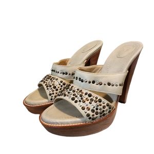 Frye Stone Beaded Joy Open Toe Wood Sole Platform Sandal Heel